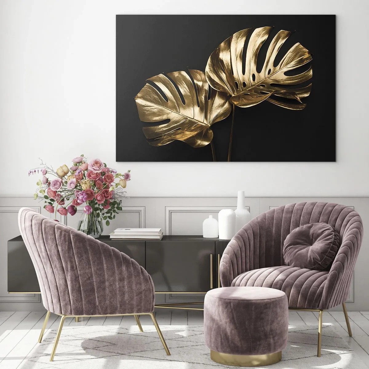 Billede på glas - Gyldne monsterablade på en sort baggrund - 70x50cm - Naturens skatte - Moderne vægdekoration til stue og soveværelse ARTTOR