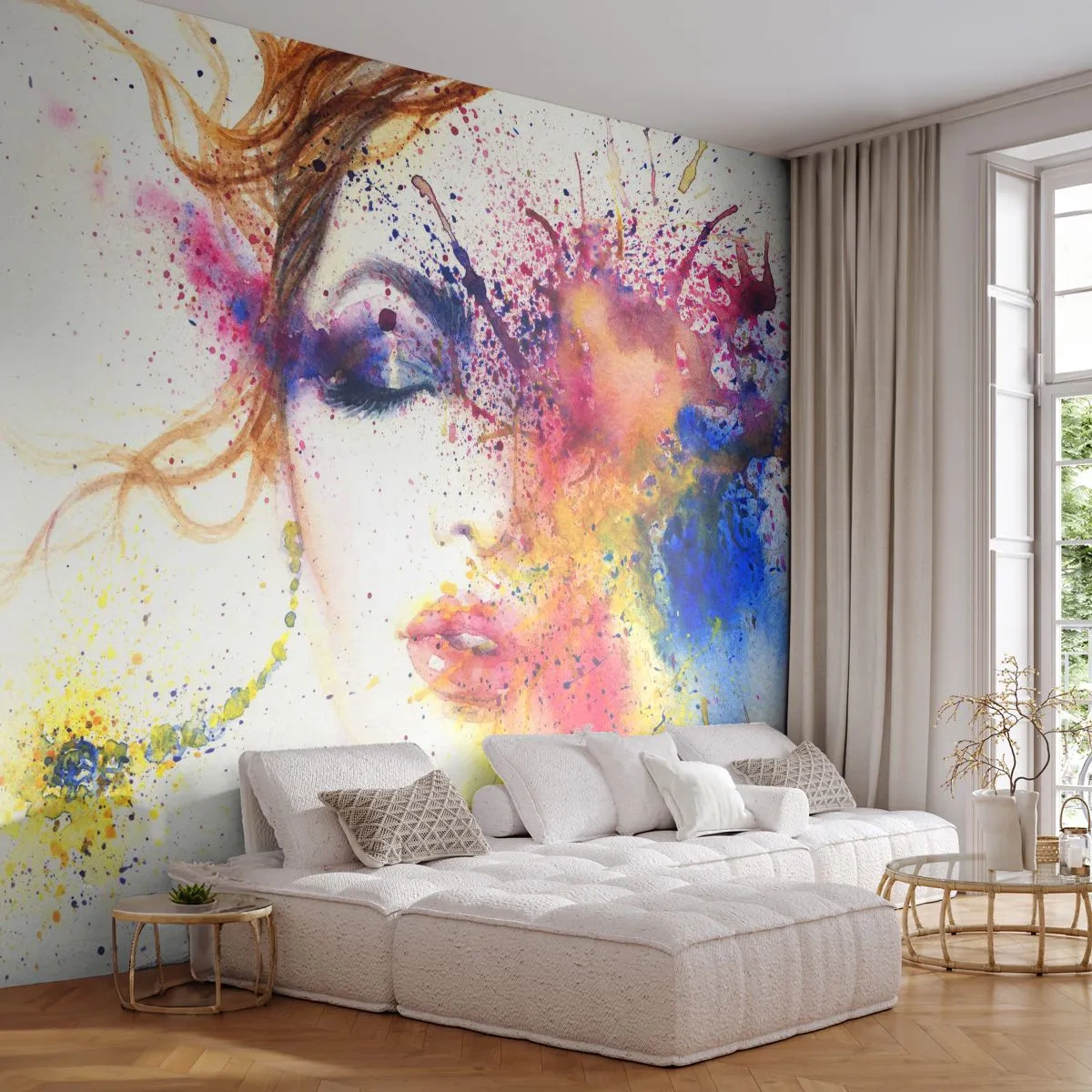 Fototapet Selvklæbende Deluxe Sticker - Regnbue svimmelhed - Abstraktion, Kvindens ansigt, Portræt af en kvinde - 200x140 cm