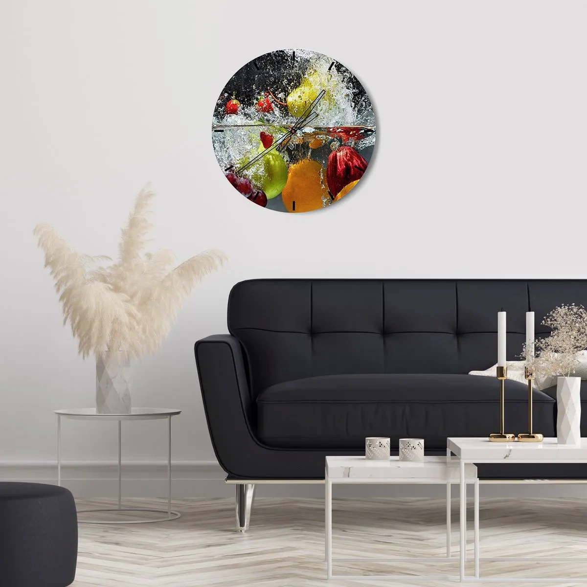 Vægur, Uret - Frugt nedsænket i vand med en plaskeffekt - 30x30cm - Frugtagtig forfriskning - Moderne vægdekoration til stue, køkken og soveværelse ARTTOR