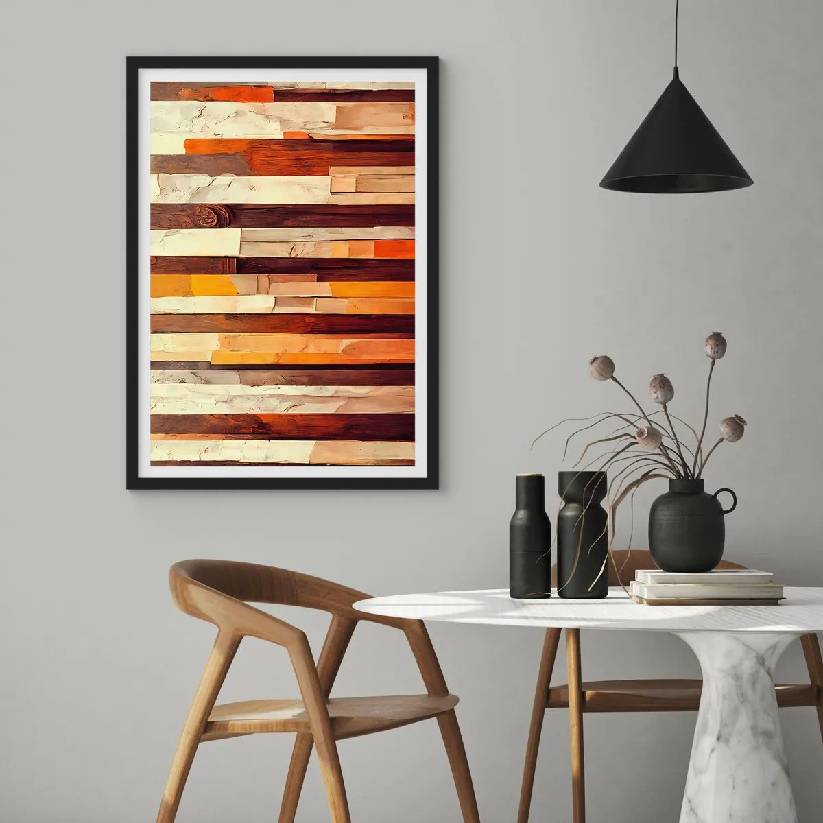 Plakat i sort ramme - En abstrakt komposition af træpaneler i varme farver. - 50x70cm - Hymne af skovens træer - Moderne vægdekoration til stue og soveværelse ARTTOR
