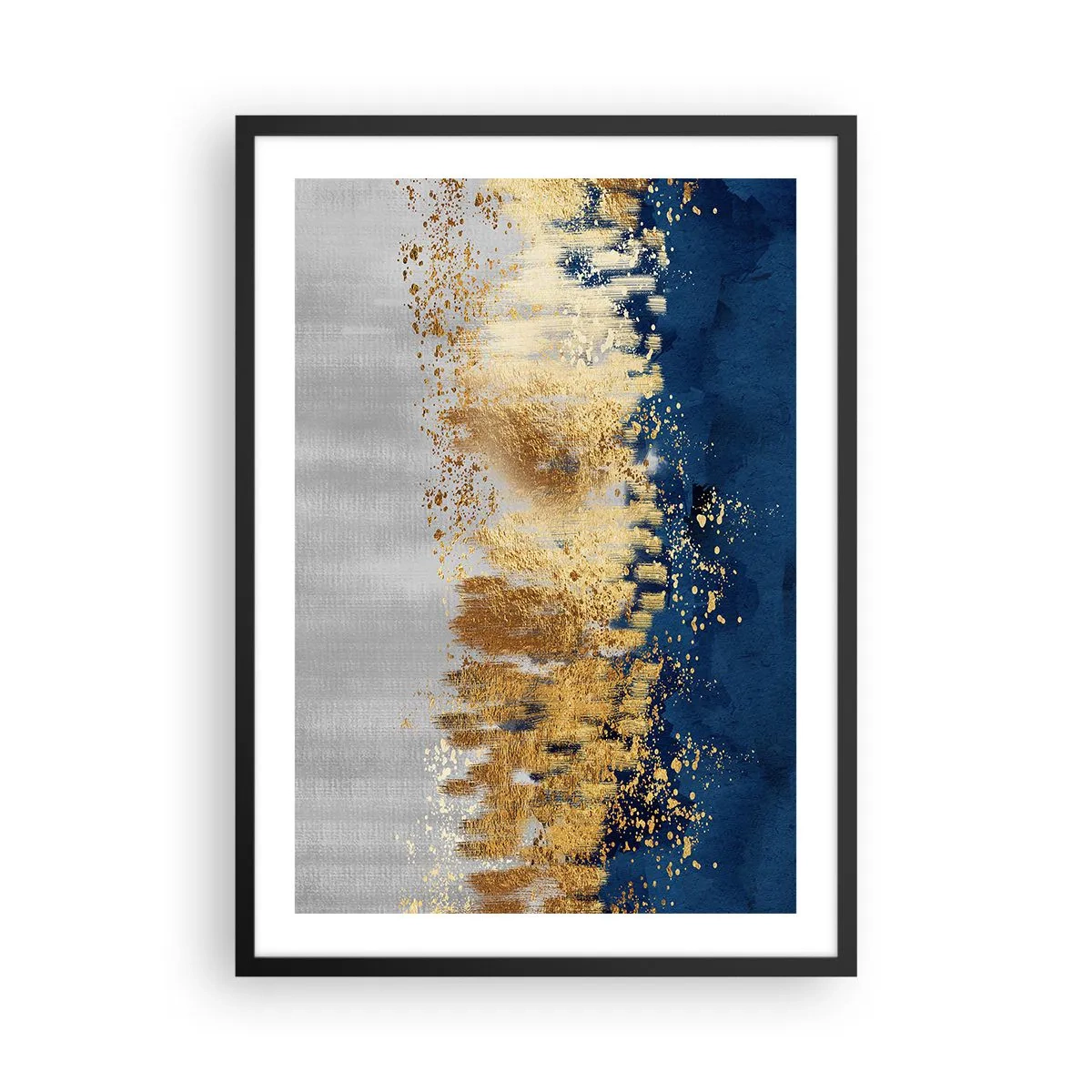 Plakat i sort ramme - En abstrakt komposition i nuancer af marineblå, guld og sølv - 50x70cm - Moderne komposition med gnist - Moderne vægdekoration til stue og soveværelse ARTTOR