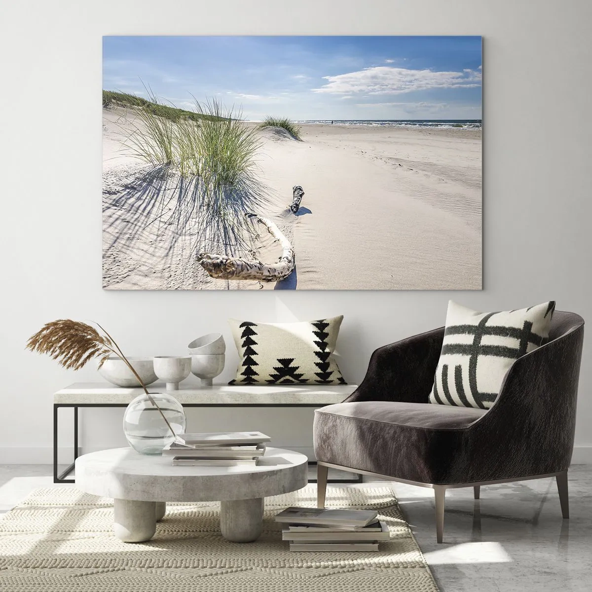 Billede på glas - En solrig strand med klitter og søgræs - 70x50cm - Den smukkeste? Baltisk - Moderne vægdekoration til stue og soveværelse ARTTOR