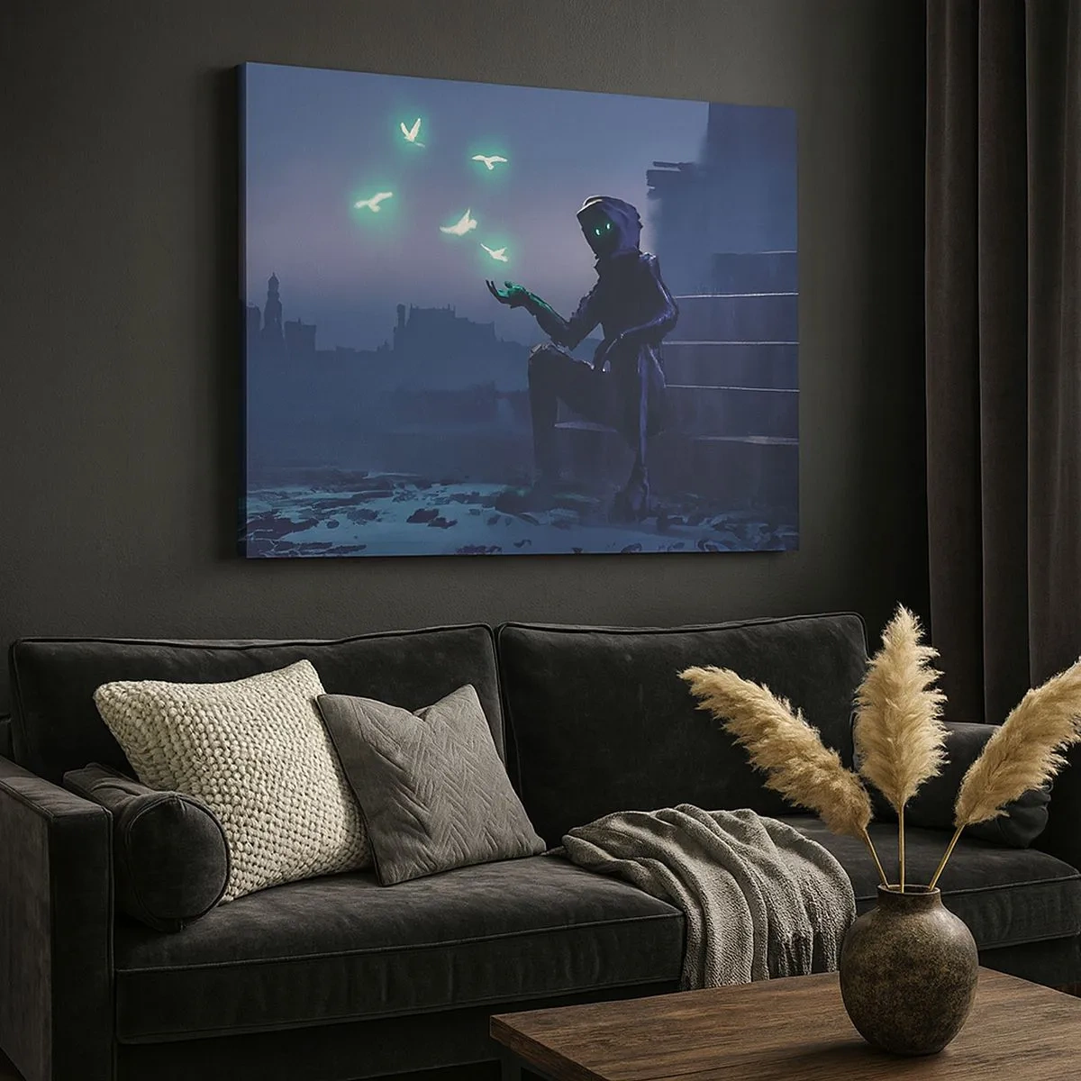 Lærredstryk - Billede på lærred - En hætteklædt figur med magiske fugle i baggrunden af en by - 70x50cm - Livet vil vende tilbage - Moderne vægdekoration til stue og soveværelse ARTTOR