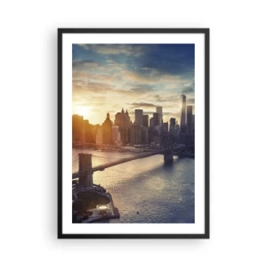 Plakat i sort ramme - Udsigt over Manhattan ved solnedgang med Brooklyn Bridge - 50x70cm - Et monument til vestlig kultur - Moderne vægdekoration til stue og soveværelse ARTTOR