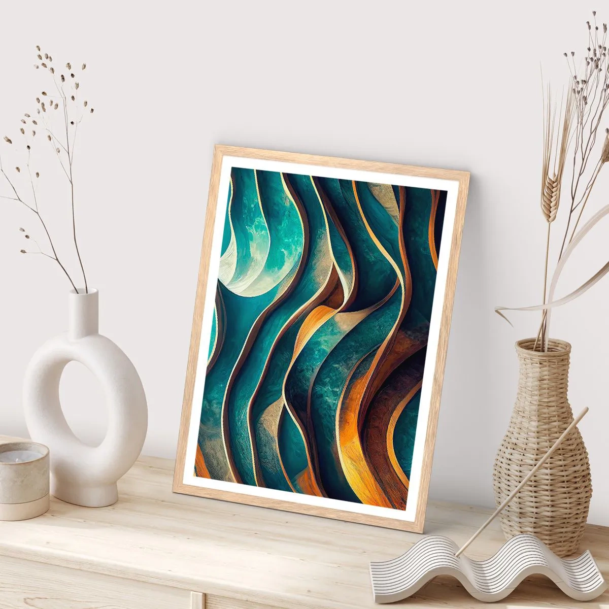 Plakat i ramme af lyst egetræ - Slyngninger af blåt - 30x40 cm