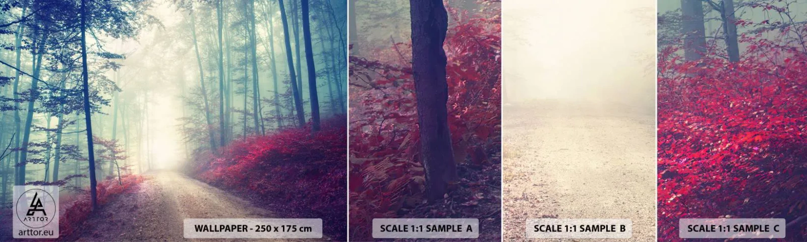 Fototapet Prøve Standard Eco - Hvor er det godt at stå op ved daggry - Landskab, Skov, Skovvej - 100x30 cm