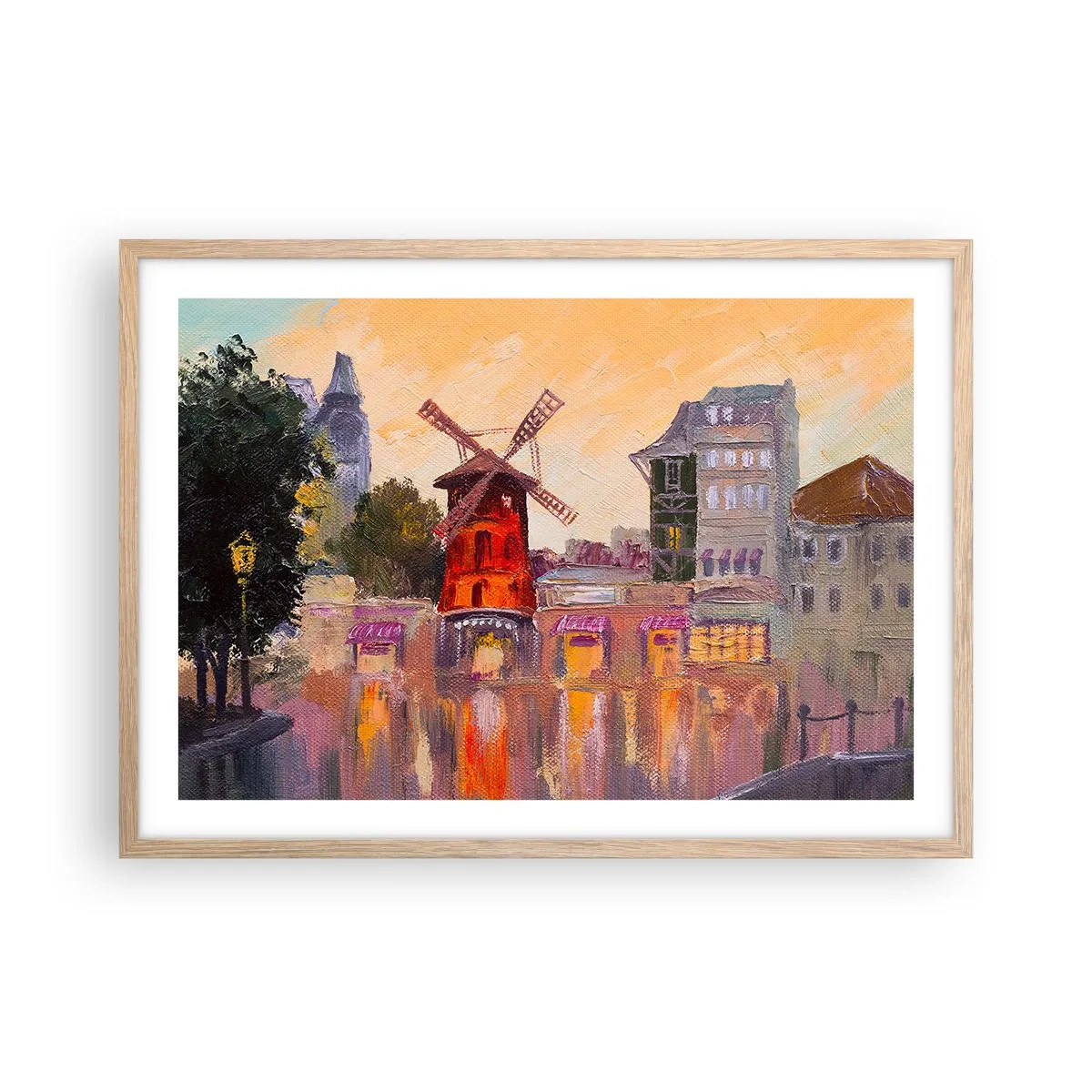 Plakat i ramme af lyst egetræ - Parisiske ikoner - Moulin Rouge - 70x50 cm