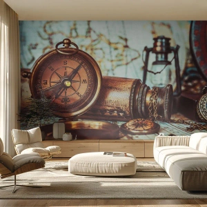 Fototapet Standard Eco - Antik kompas og vintagekort - 100x70cm - Der venter dig et pirateventyr i Caribien - Moderne vægdekoration til stue og soveværelse ARTTOR