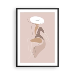 Plakat i sort ramme - Et minimalistisk billede af en kvinde i en hat på en beige baggrund. - 50x70cm - En dame, der skal være - Moderne vægdekoration til stue og soveværelse ARTTOR