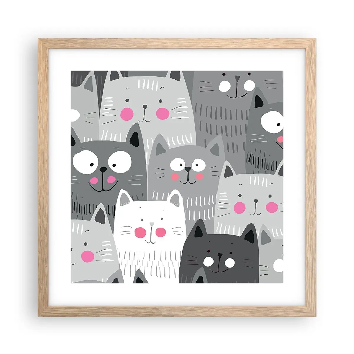 Plakat i ramme af lyst egetræ - Kattens verden - 40x40 cm