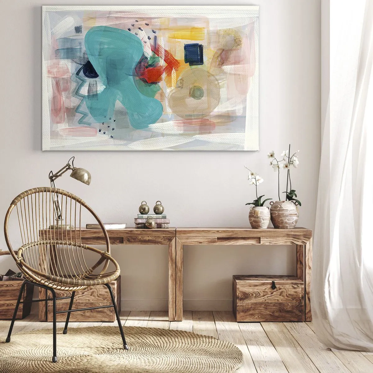 Lærredstryk - Billede på lærred - Abstrakte former og farver skaber en dynamisk komposition - 70x50cm - Et farverigt spil - Moderne vægdekoration til stue og soveværelse ARTTOR