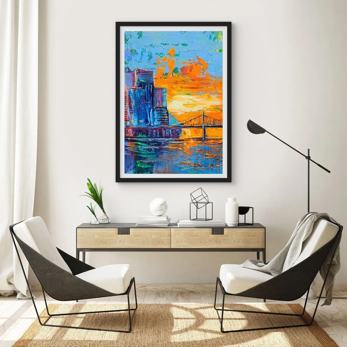 Plakat i sort ramme - En farverig bro og byen i gløden fra den nedgående sol - 50x70cm - Kultur og natur - Moderne vægdekoration til stue og soveværelse ARTTOR
