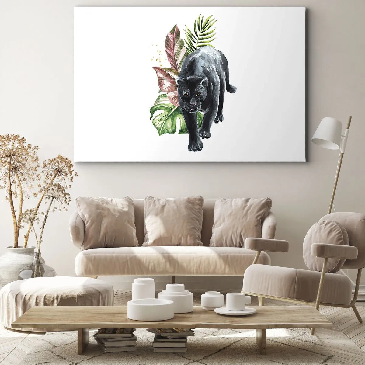 Lærredstryk - Billede på lærred - Sort panter omgivet af tropiske blade - 70x50cm - Vild i hjertet - Moderne vægdekoration til stue og soveværelse ARTTOR