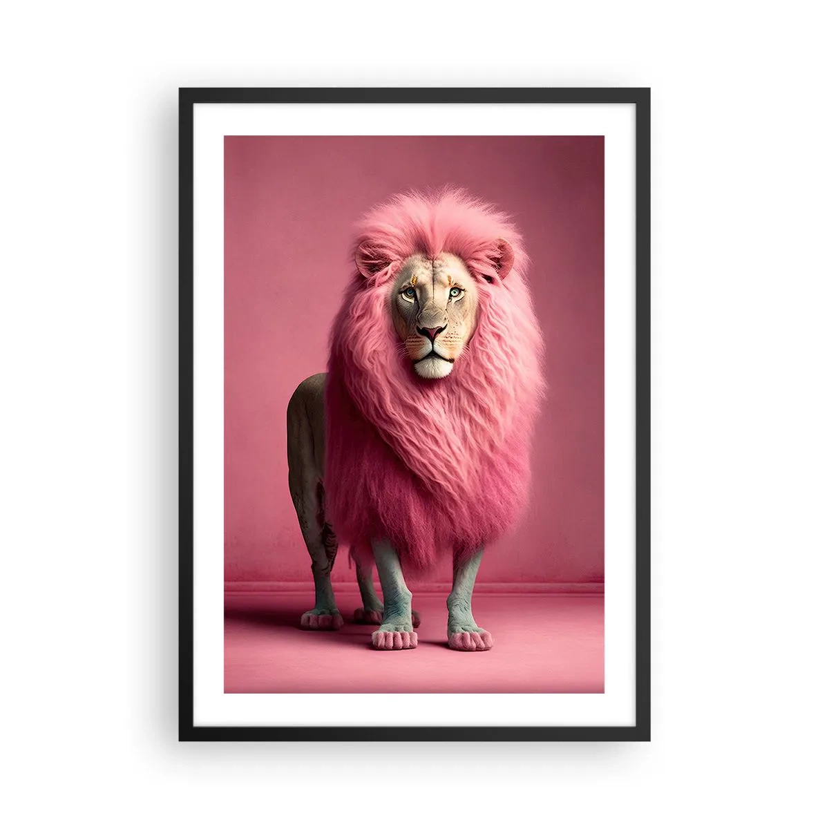 Plakat i sort ramme - En løve med en lyserød manke på en lyserød baggrund - 50x70cm - Og du er ikke længere bange - Moderne vægdekoration til stue og soveværelse ARTTOR