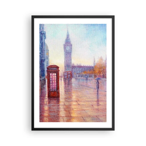 Plakat i sort ramme - Big Ben og den røde telefonboks på en regnvejrsdag - 50x70cm - En efterårsdag i London - Moderne vægdekoration til stue og soveværelse ARTTOR