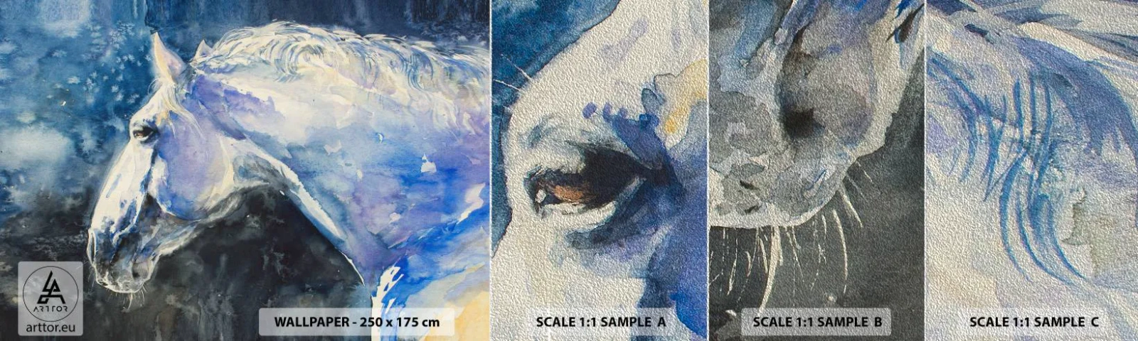 Prøve Fototapet Premium Sand - Portræt i et blåt skær - Hest, Maleri, Dyr - 100x30 cm