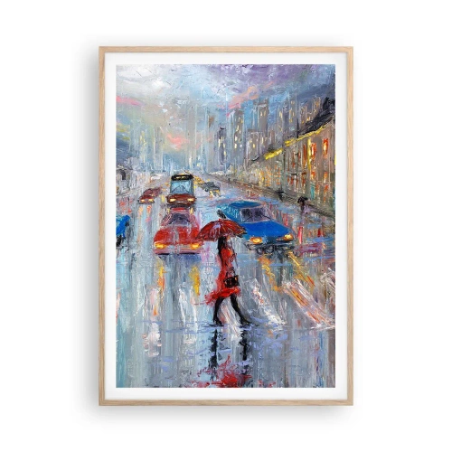 Plakat i ramme af lyst egetræ - Regnfuld eftermiddag i byen - 70x100 cm
