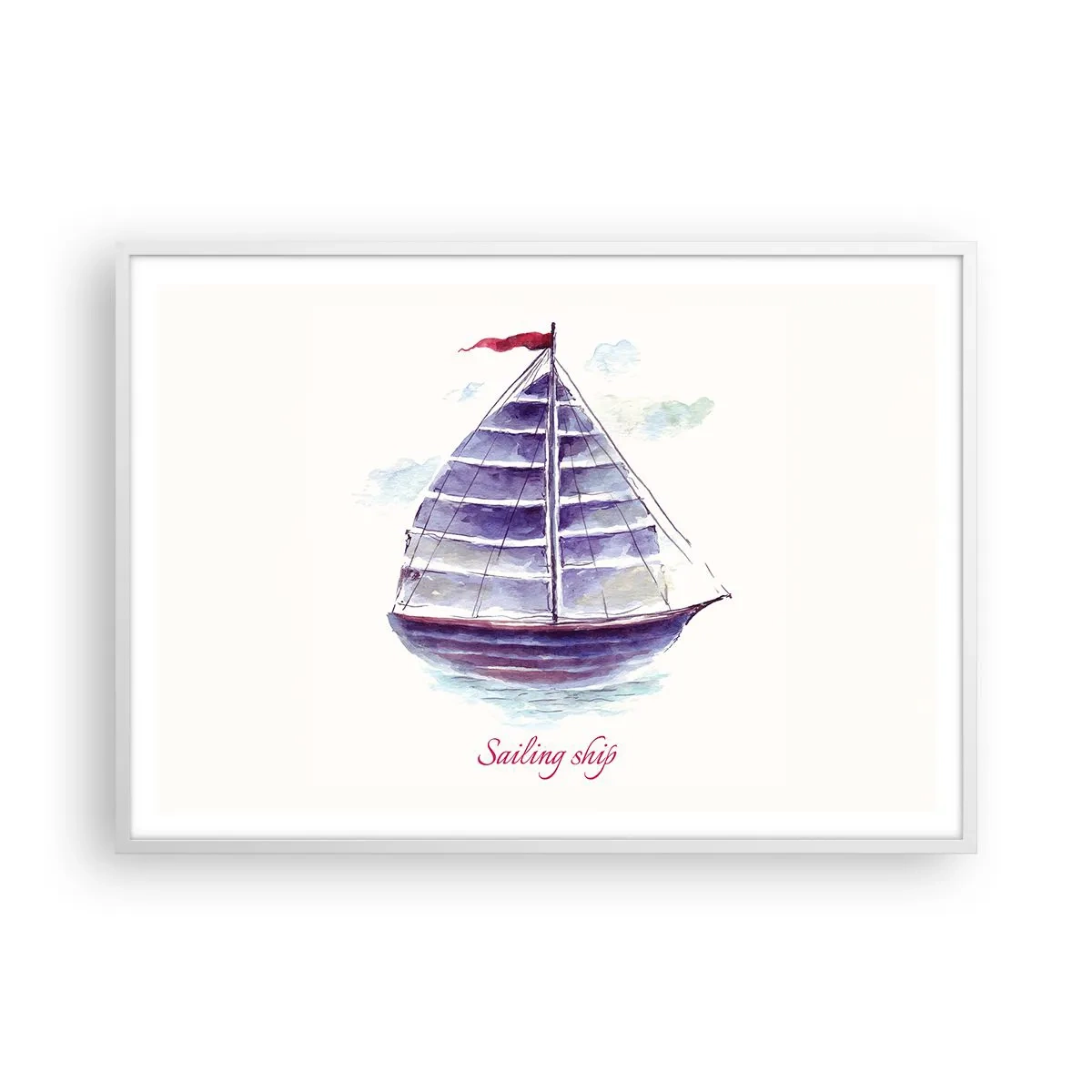 Plakat i hvid ramme - Fulde sejl og roligt vand - 100x70 cm