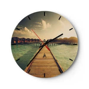 Vægur, Uret - Molen, der fører til vandhusene i solnedgangens lys - 30x30cm - En varm invitation - Moderne vægdekoration til stue, køkken og soveværelse ARTTOR