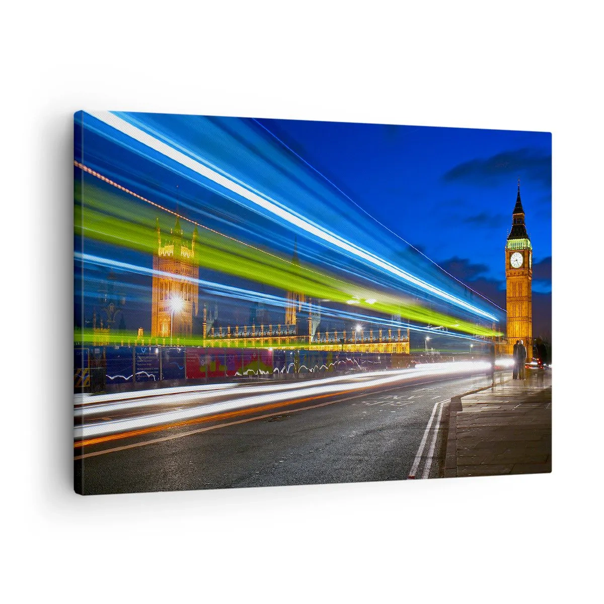 Lærredstryk - Billede på lærred - Big Ben om natten med effekten af lys i gadetrafikken - 70x50cm - Under Big Ben's øjne - Moderne vægdekoration til stue og soveværelse ARTTOR