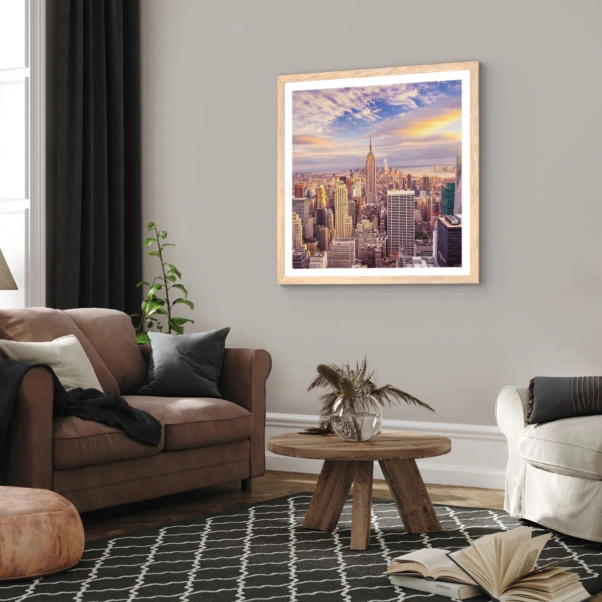 Plakat i ramme af lyst egetræ - Ræk ud efter skyerne selv - 30x30 cm