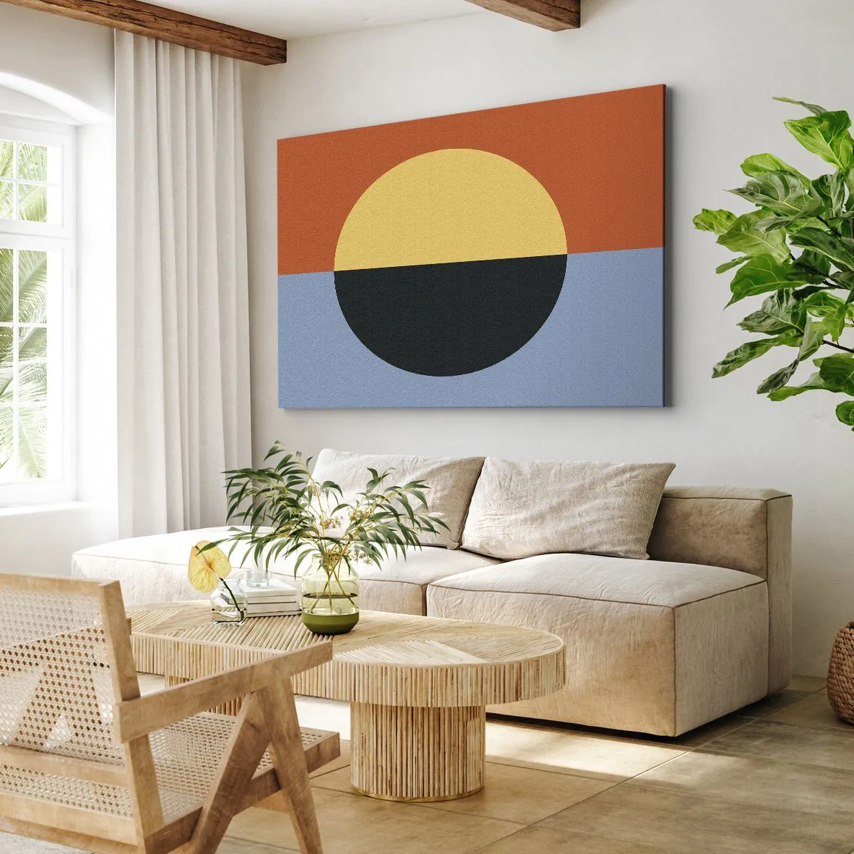 Lærredstryk - Billede på lærred - Geometrisk abstraktion med kontrasterende farver - 70x50cm - En sammensætning af varme og kølighed - Moderne vægdekoration til stue og soveværelse ARTTOR