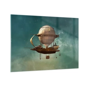 Billede på glas - Et flyvende luftskib med et hus i retrostil på himlen - 70x50cm - Jules Verne hilser - Moderne vægdekoration til stue og soveværelse ARTTOR