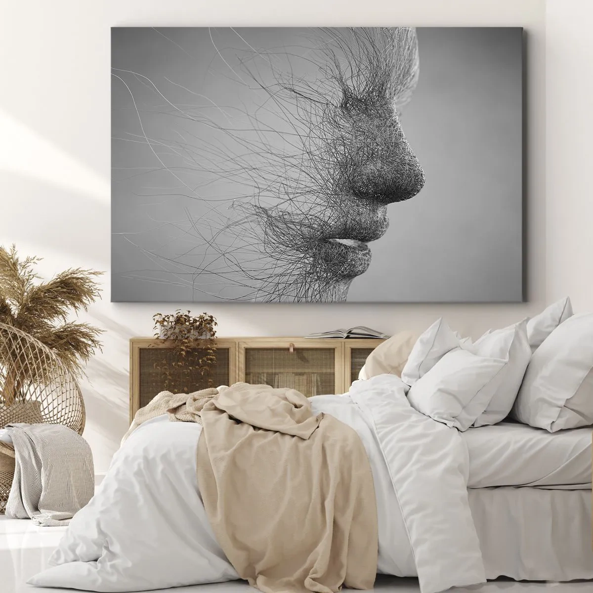 Lærredstryk - Billede på lærred - Kunstnerisk ansigtsprofil skabt med fine linjer - 70x50cm - Vindens ånd - Moderne vægdekoration til stue og soveværelse ARTTOR