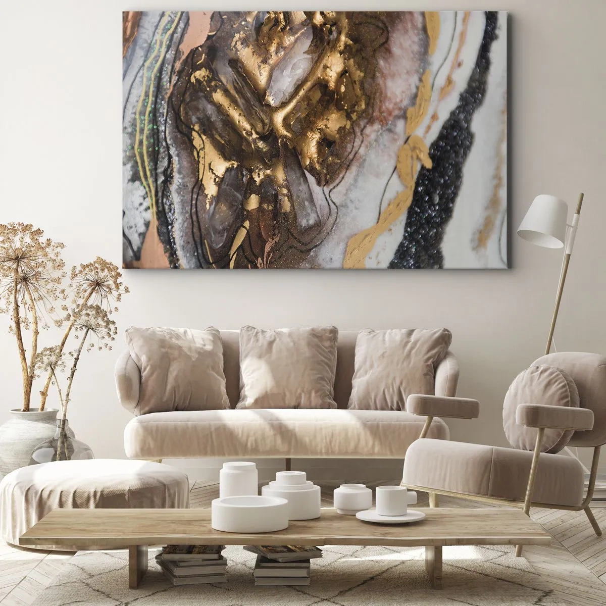 Lærredstryk - Billede på lærred - Abstrakt komposition med elementer af guld og krystaller - 70x50cm - Jord element - Moderne vægdekoration til stue og soveværelse ARTTOR