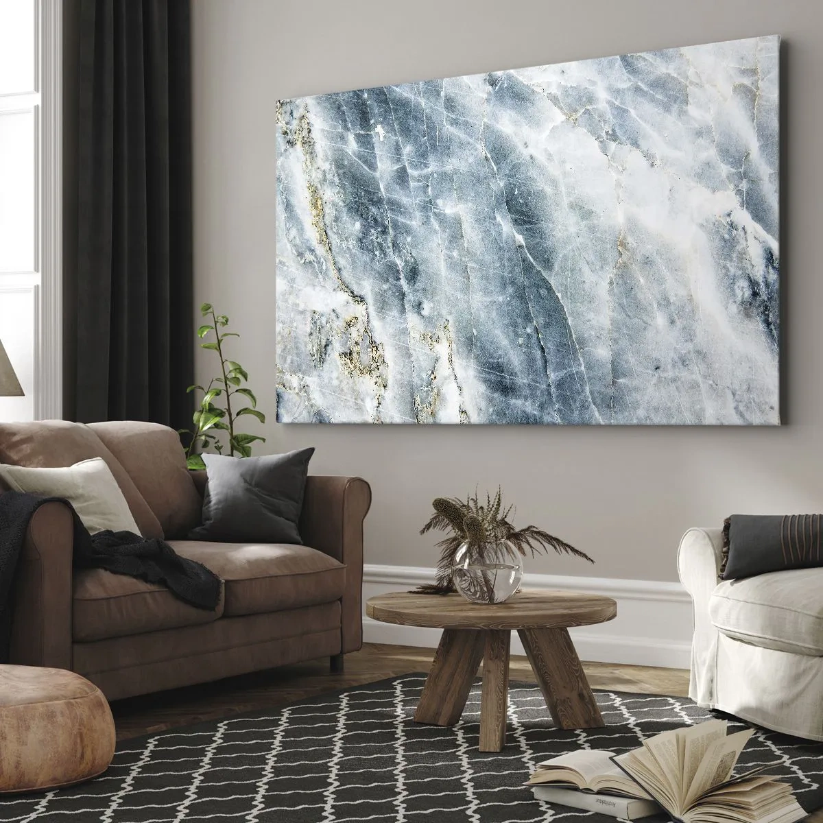 Lærredstryk - Billede på lærred - Marmortekstur i nuancer af blå og hvid - 70x50cm - Isverden - Moderne vægdekoration til stue og soveværelse ARTTOR