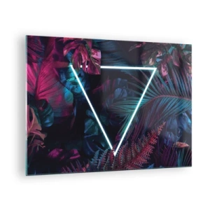 Billede på glas - En neontrekant omgivet af tropiske planter i lyserøde og blå nuancer. - 70x50cm - Have i disco-stil - Moderne vægdekoration til stue og soveværelse ARTTOR