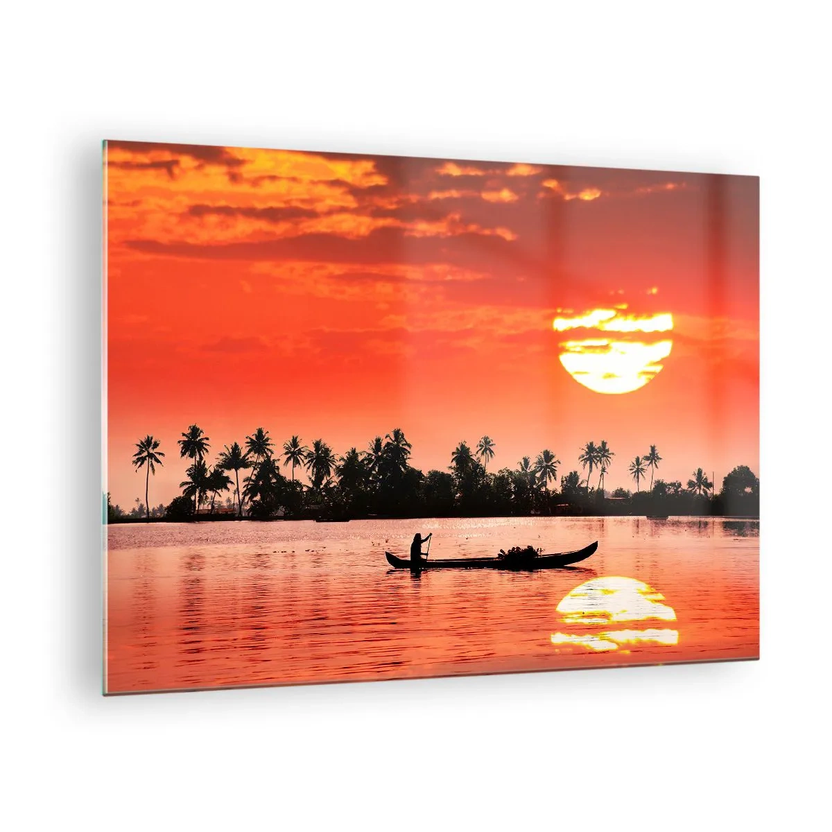 Billede på glas - Solnedgang over floden med palmer og en båd - 70x50cm - Tropernes ro ved solnedgang - Moderne vægdekoration til stue og soveværelse ARTTOR