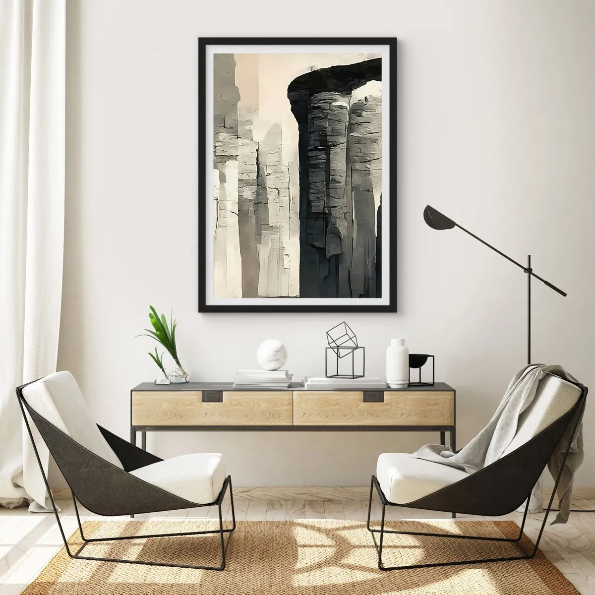 Plakat i sort ramme - Monumentale klippeformationer i grå nuancer - 50x70cm - Antikkens majestæt - Moderne vægdekoration til stue og soveværelse ARTTOR