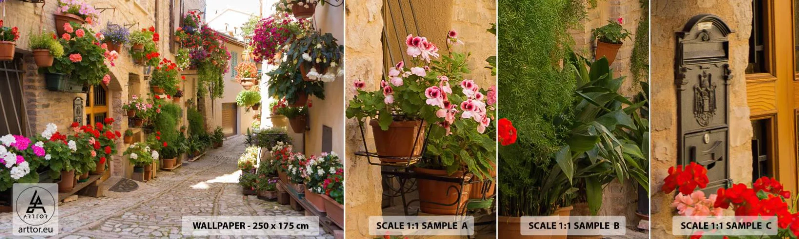 Prøve Fototapet Selvklæbende Deluxe Sticker - I en strøm af blomster - By, Italien, Smukke Gader - 100x30 cm