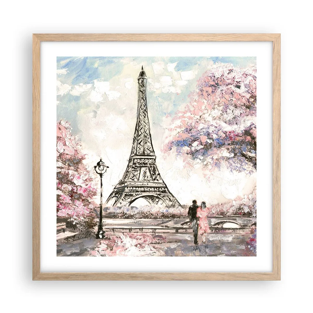 Plakat i ramme af lyst egetræ - April gåtur rundt i Paris - 50x50 cm