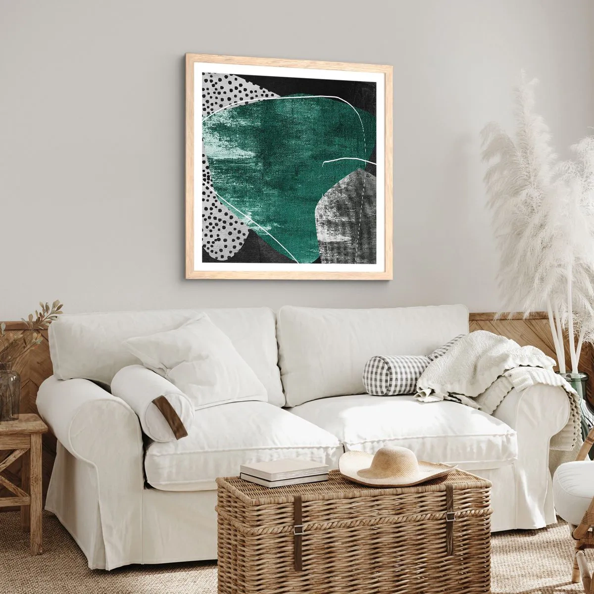 Plakat i ramme af lyst egetræ - Farverig abstraktion med en guldflager - 50x50 cm