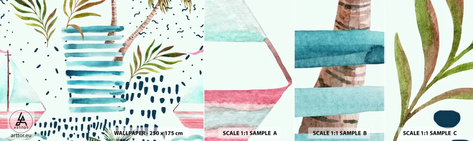 Prøve Fototapet Selvklæbende Deluxe Sticker - Ferie under palmerne - Akvareller, Kokospalme, Sejlbåd - 100x30 cm