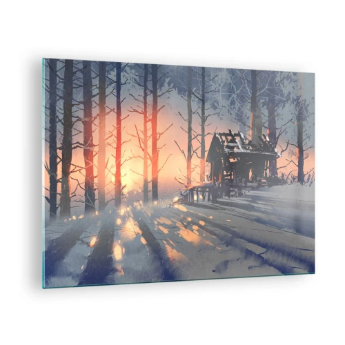 Billede på glas - Vinterskov ved solnedgang med et sommerhus i baggrunden - 70x50cm - Kun solen kigger her - Moderne vægdekoration til stue og soveværelse ARTTOR
