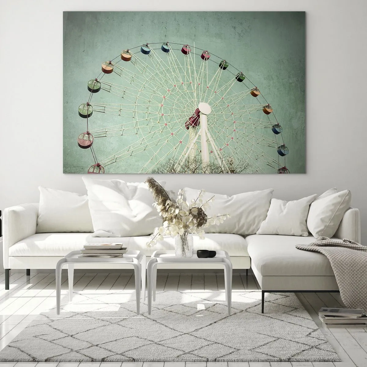 Billede på glas - Et farverigt pariserhjul mod en pastelgrøn baggrund - 70x50cm - Vi inviterer dig til at lege - Moderne vægdekoration til stue og soveværelse ARTTOR