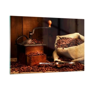 Billede på glas - Stilleben med kaffebønner og kværn - 120x80 cm