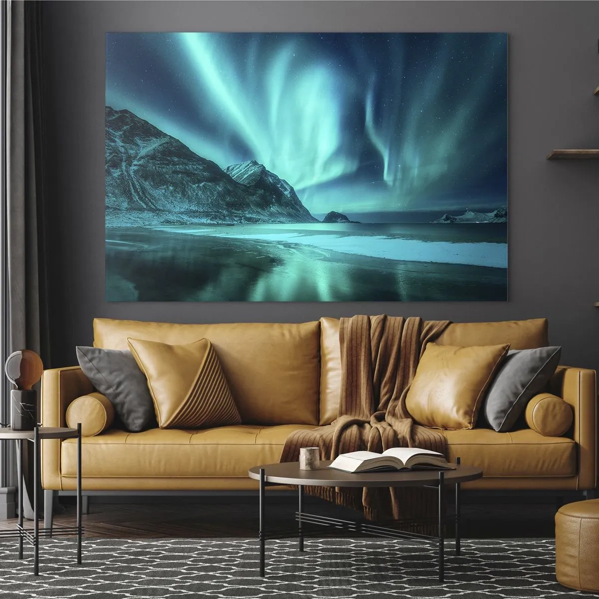 Billede på glas - Aurora Borealis over et bjerglandskab og frossent hav - 70x50cm - Nordens vidundere - Moderne vægdekoration til stue og soveværelse ARTTOR