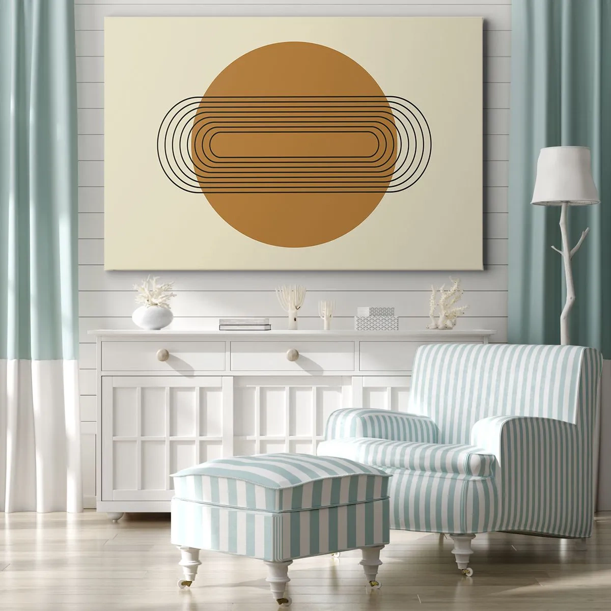 Lærredstryk - Billede på lærred - Geometrisk mønster med orange cirkler og linjer - 70x50cm - Den perfekte plan - Moderne vægdekoration til stue og soveværelse ARTTOR