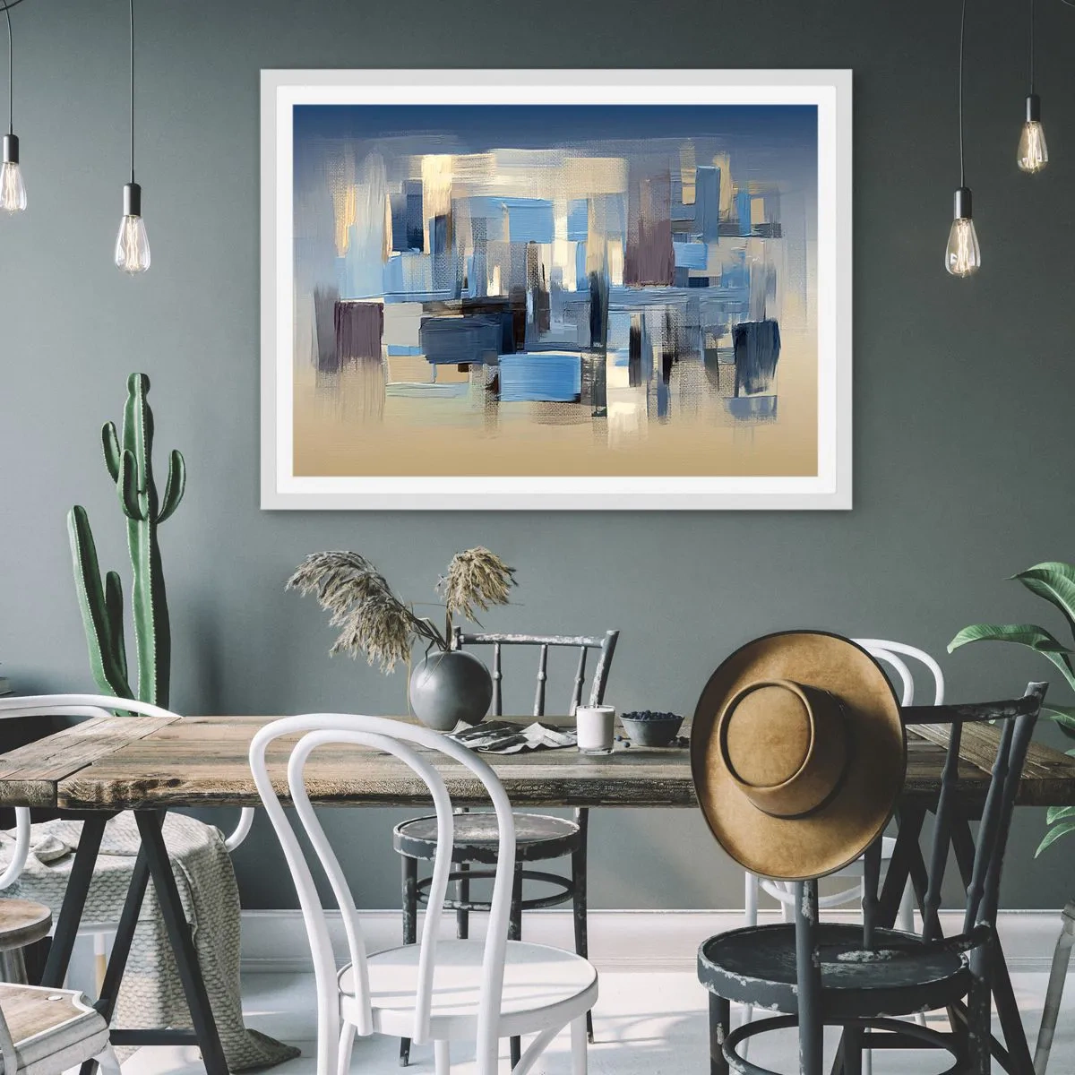 Plakat i hvid ramme - Blå konstruktion - 70x50 cm