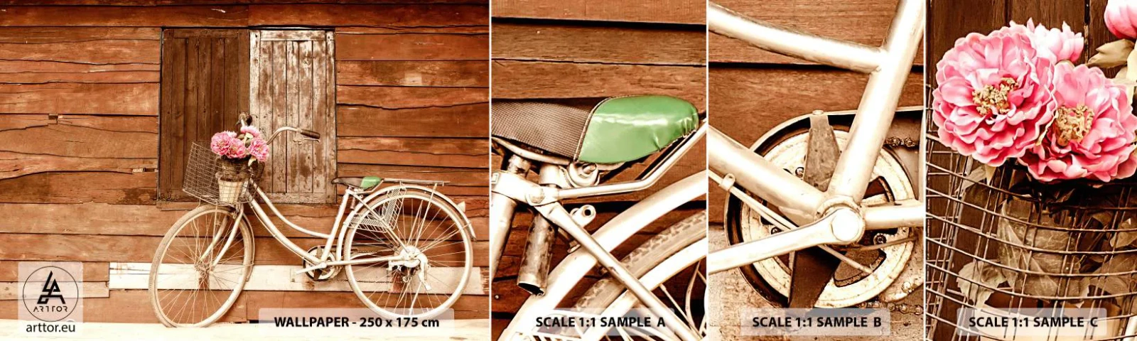 Fototapet Prøve Standard Eco - Jeg vender tilbage om lidt - Cykel, Blomster, Træhus - 100x30 cm