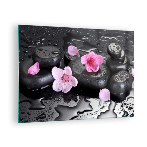 Billede på glas - Spa-sten med blomster på en våd baggrund - 70x50cm - Og stenen falder fra hjertet - Moderne vægdekoration til stue og soveværelse ARTTOR