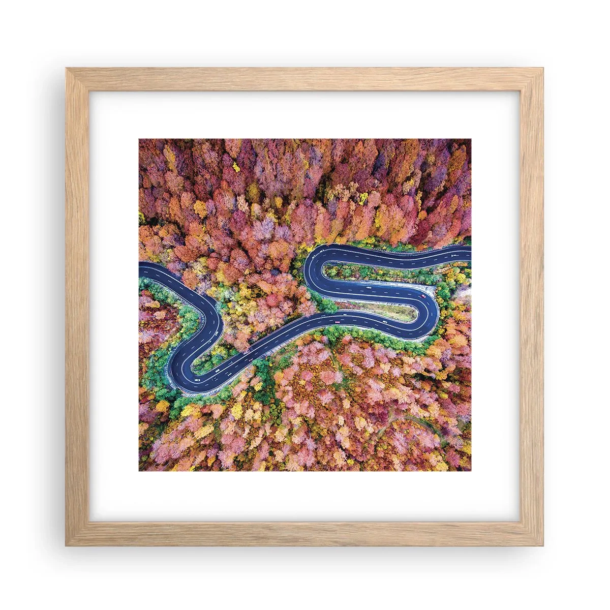 Plakat i ramme af lyst egetræ - En snoet vej gennem skoven - 30x30 cm