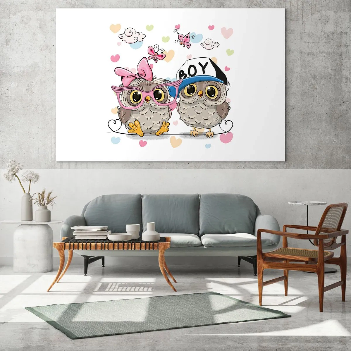 Billede på glas - Et par muntre ugler i en pastelfarvet komposition - 70x50cm - Lad os elske hinanden! - Moderne vægdekoration til stue og soveværelse ARTTOR