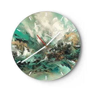 Vægur, Uret - Dynamisk abstraktion i grønt, hvidt og guld - 30x30cm - Smaragdsort byld - Moderne vægdekoration til stue, køkken og soveværelse ARTTOR