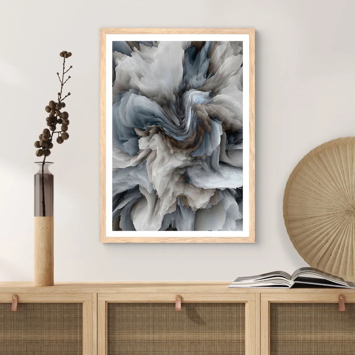 Plakat i ramme af lyst egetræ - Sten og blomst - 40x50 cm