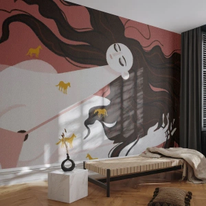 Fototapet Selvklæbende Deluxe Sticker - Drøm om en gylden hest - Kvinde, Portræt, Minimalisme - 150x105 cm